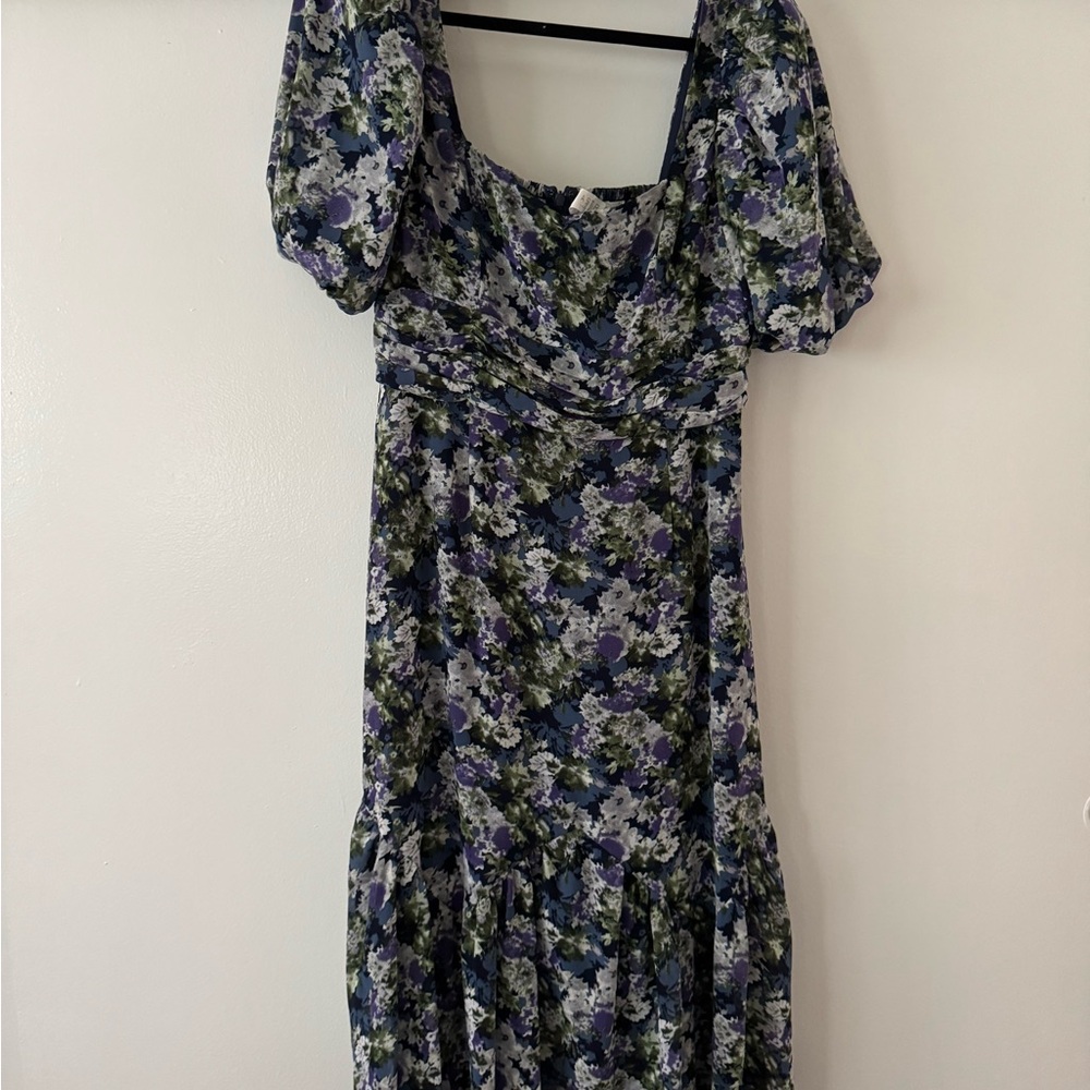 Astr Floral Midi Dress with Puff Sleeves